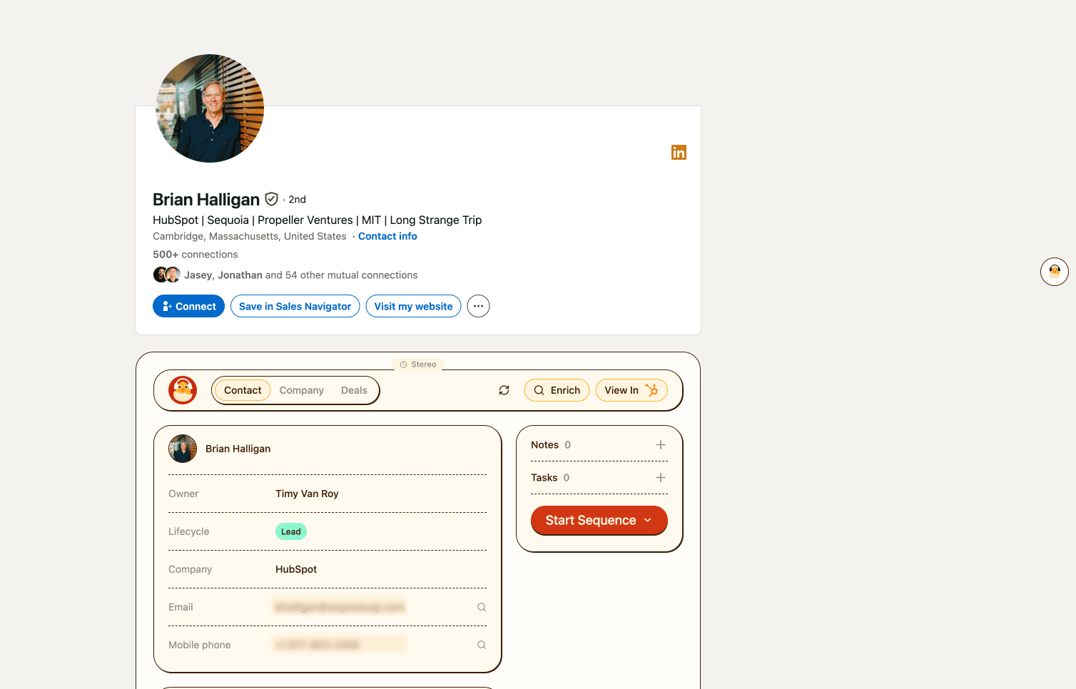 HubSpot contact record after SurroundR — fully populated with email and phone